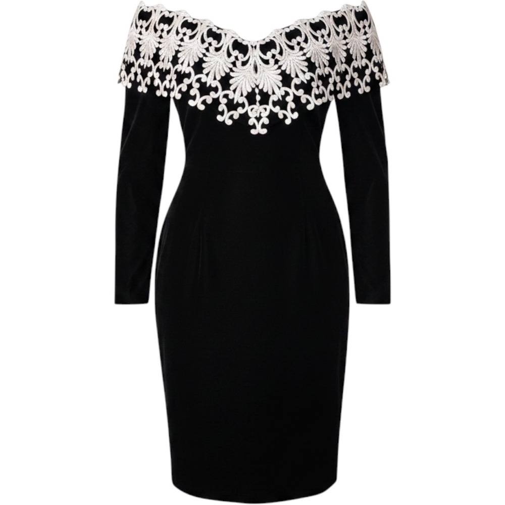 Scott McClintock Black Velvet Off Shoulder Lace‎ Cocktail Dress Size 6 Vintage